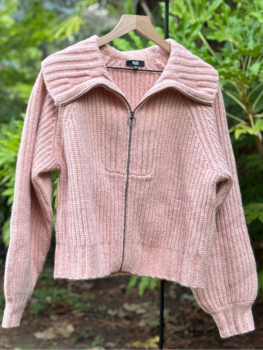 PAIGE Jayna Wool Blend Zip Cardigan Light Pink Ribbed Zip Cardigan